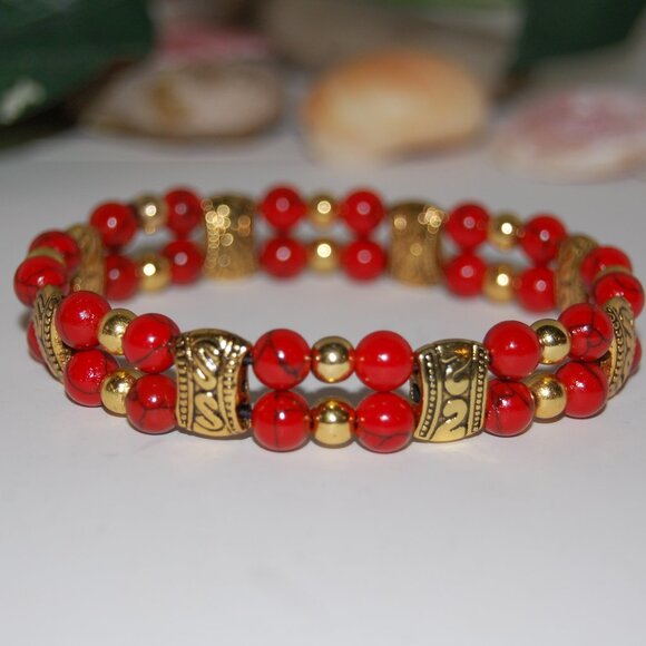 Red Howlite Bracelet,Double Beaded Bracelet,Red and Gold Bracelet - Picture 2 of 3